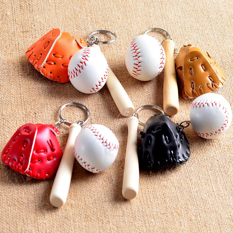 Honkbalknuppel houten vleermuis honkbalhandschoen mini sleutelhanger